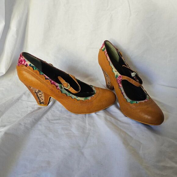 Vintage y2k eclectic twee tan leather floral & snakeskin accent heels - Picture 1 of 6